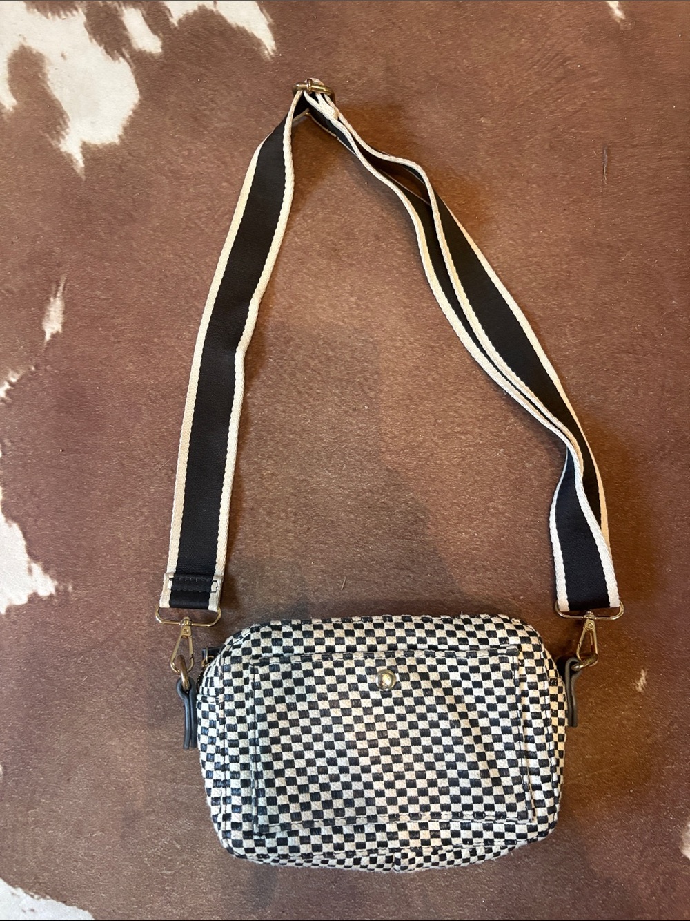 Moda Luxe Black and White Checker Crossbody Bag with Striped Strap